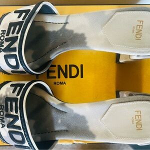 Fendi Black and White Logo Slide Sandals on Yellow Box